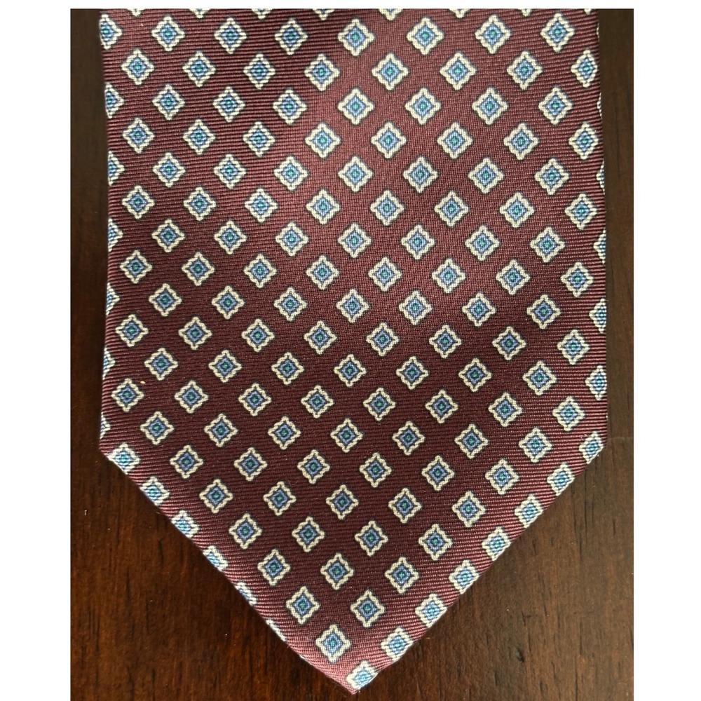 Essex Row Mens Necktie 100% Silk Burgundy Blue Classic patternUSA Made VTG 90s